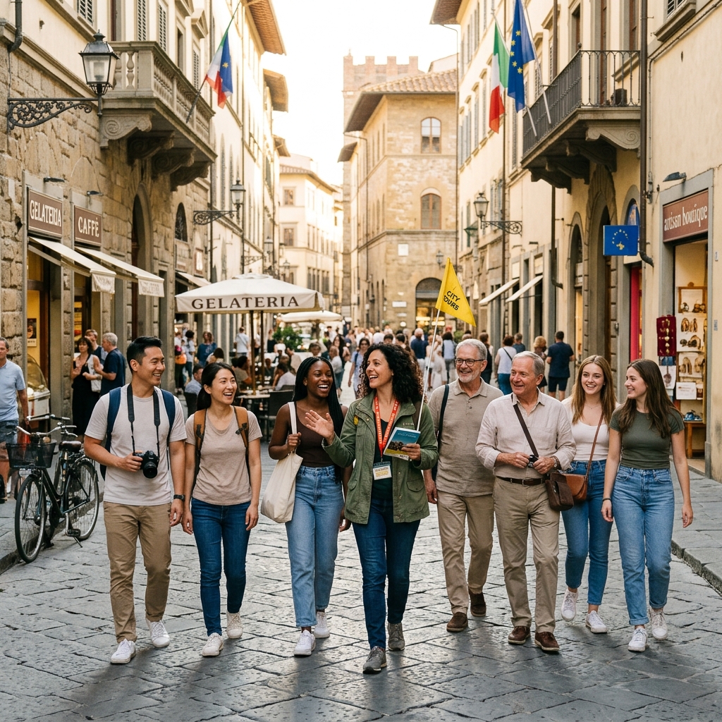 A local guide leading a small group of travellers through a historic city street
